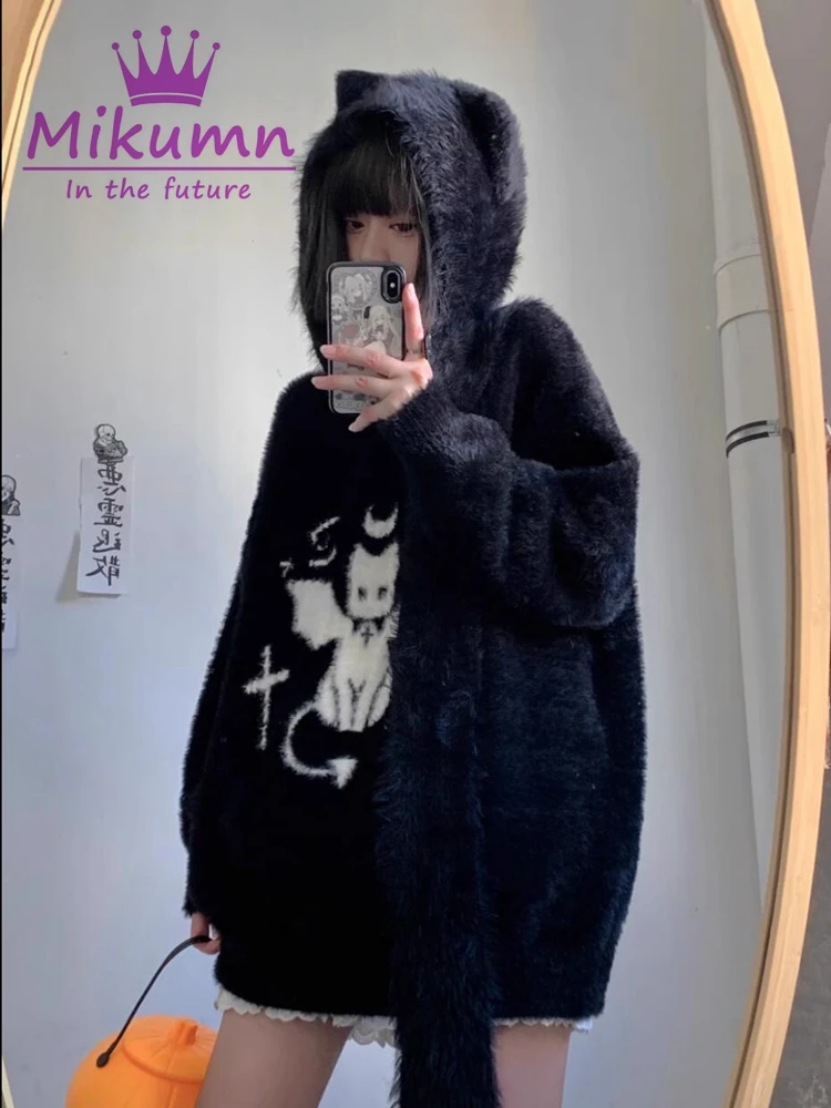 Harajuku Gothic Y2k Cute Cartoon Devil Cat Black Sweater With Cat Ear Scarf Hooded Women Knitted Pullover Winter Warm Streetwear