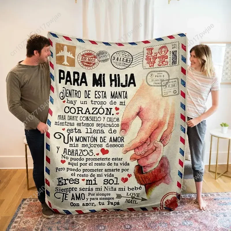 Para Mi Hija Spanish Love Letter Flannel Blanket Dad to Daughter Heartfelt Gift Throw Vintage Air Mail Design Soft Microfiber Co
