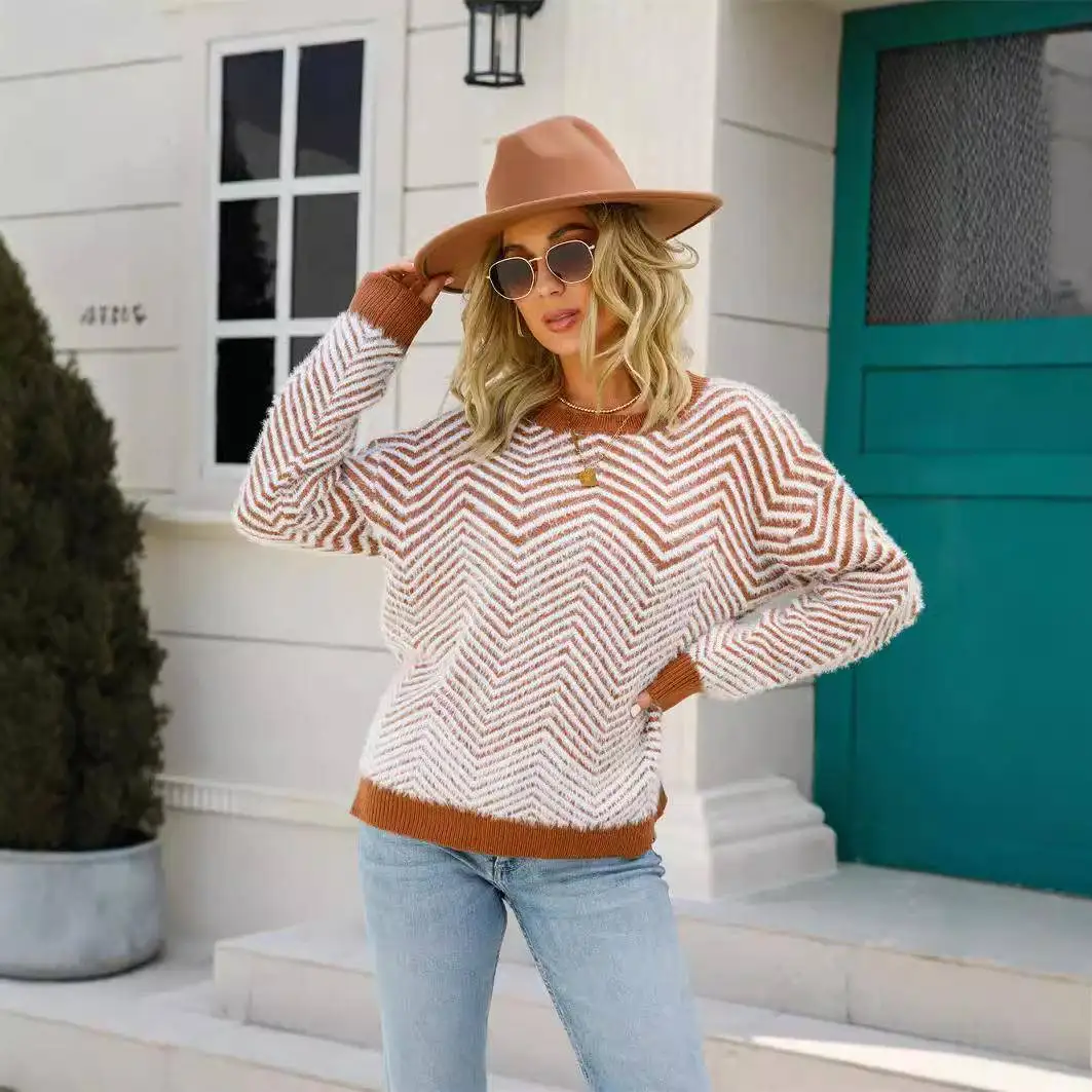 Pull tricoté Long Sve pour femme rond Ne Pull Spring Faion 2025 couleur fibre de polyester transfrontalière