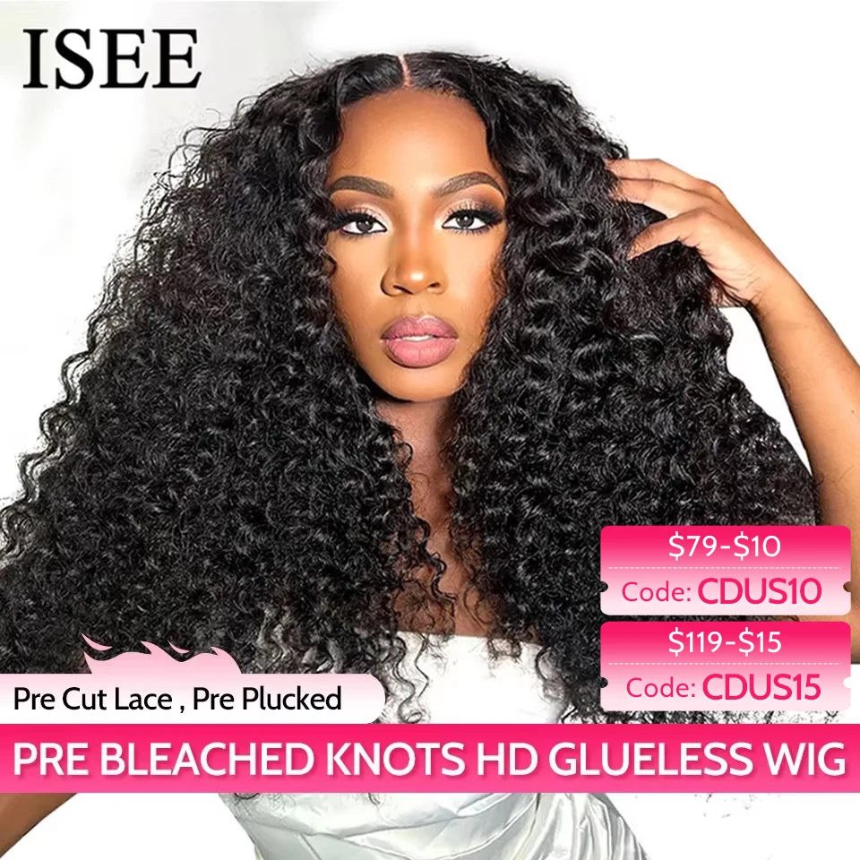 

Wear Go Wig ISEE HAIR PreBleached Knots Kinky Curly HD Lace Бесклеевые человеческие парики Ready To Go Pre Cut Lace PrePlucked Hairline Wig