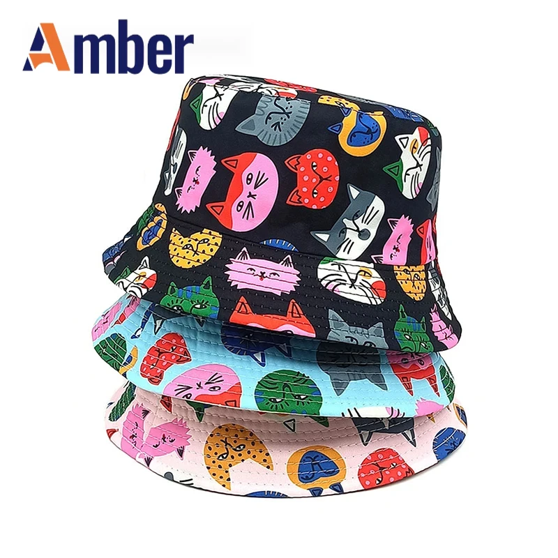 

Amber 54cm Children Bucket Hat Boy Girl Kids Fisherman Hats Cartoon Cat Print Panama Cap Double Sides Summer Spring Sunscreen