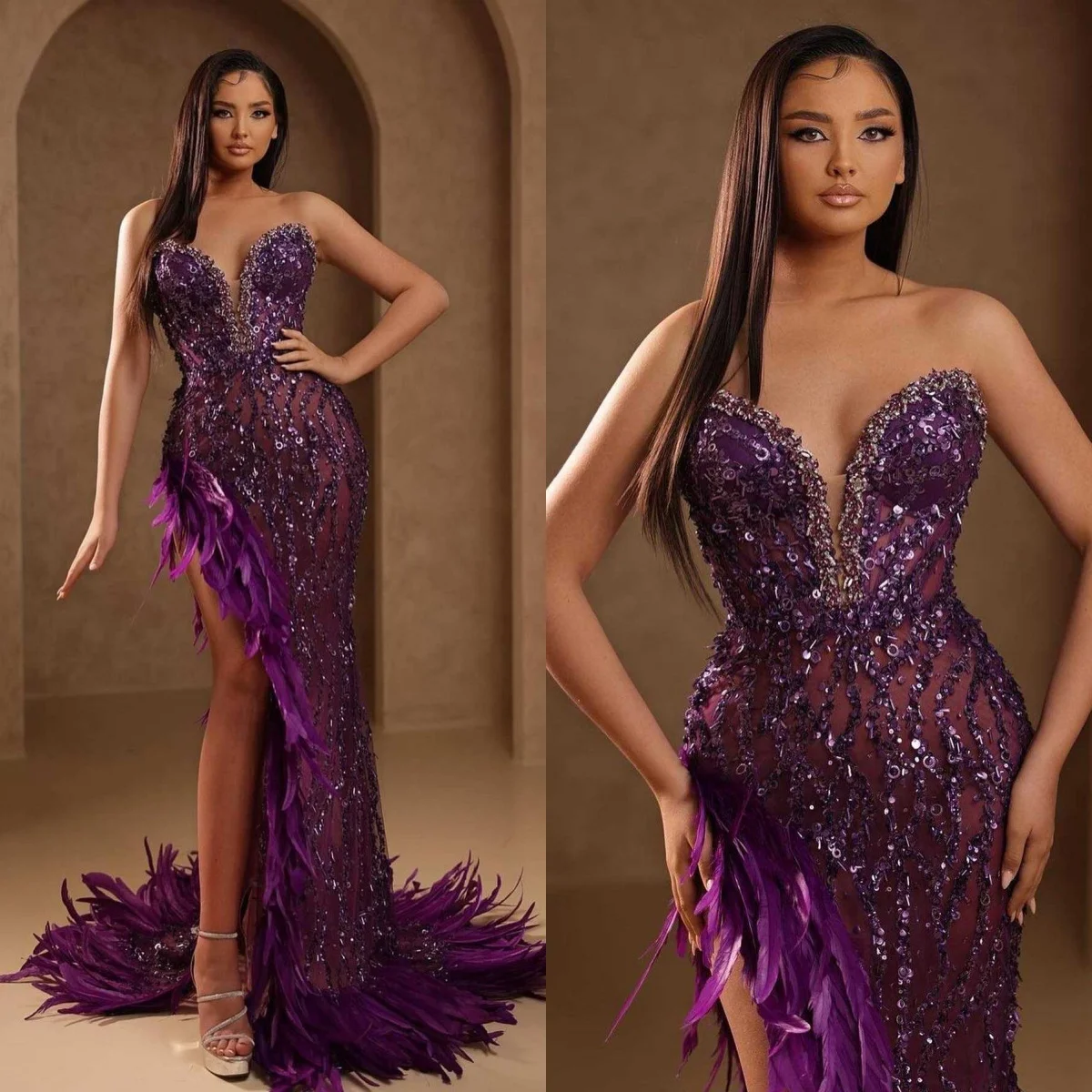 

Distinctive Mermaid Evening Dress Feathers Beaded Strapless Prom Gowns Sequined High Split Formal Dresses Vestido De Novia