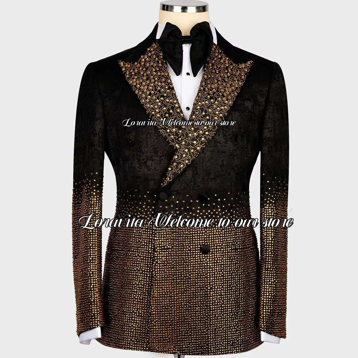 Fashion Jacquard Tuxedos Men Suits Luxury Sparkle Crystals Groom Wedding Party Prom Blazer 2 Pieces Birthdays Male Costume Homme