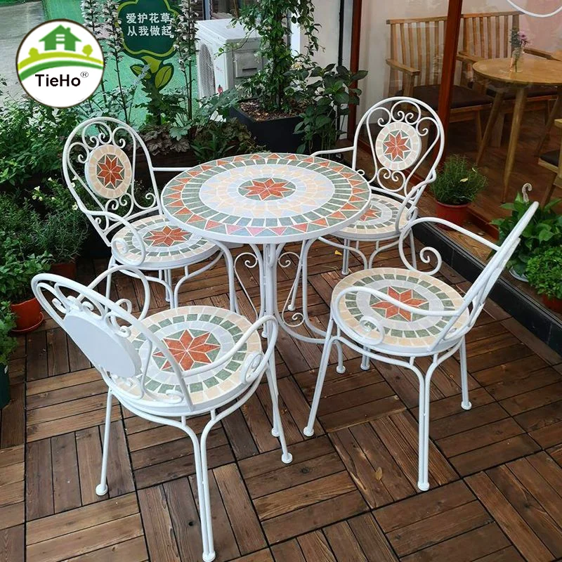 European Style Outdoor Tables Chairs Set Household Balcony Courtyard Iron Mosaic Table Lesure Chair Vintage Outdoor Furniture