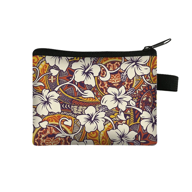 Polynesian Traditional Tribal Coin Purse Hawaiian Turtle Hibiscus Flowers Wallets Credit Card Key Earphones Holder Money Bag