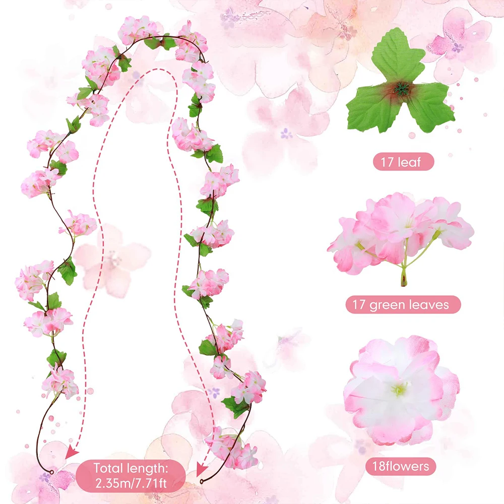 4 قطعة زهرة الكرز الاصطناعية فاينز الكرز معلقة جارلاند زهرة الوردي مع أوراق خضراء لديكور غرفة حفلات الزفاف