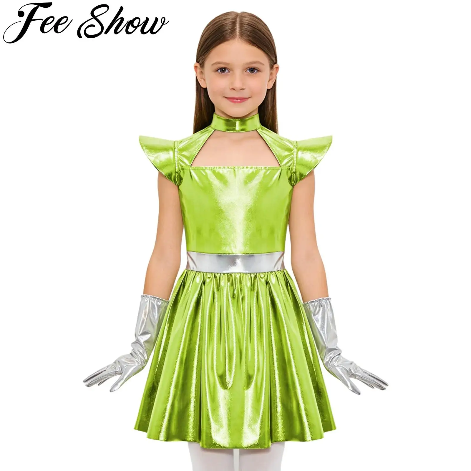 Children Girls Alien Robot Costume Flying Sleeve Metallic Shiny Dress with Gloves for Halloween Outer Space Themed Party Cosplay