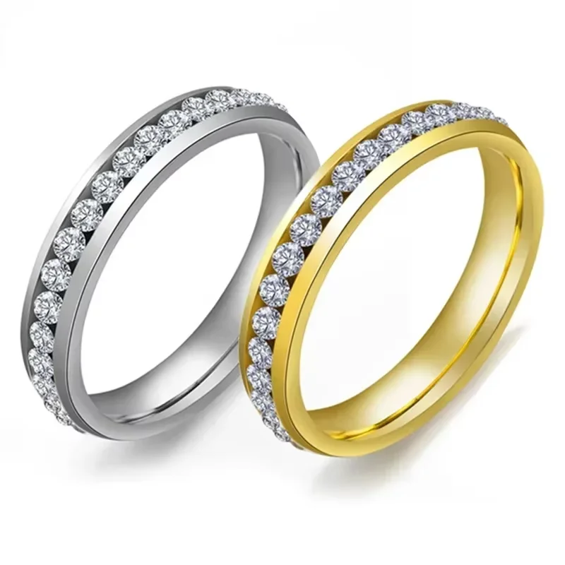 4mm Classic Luxury Crystal Inlay Stainless Steel Gold Rings for Women Girl Wedding Band Charm Party Gift