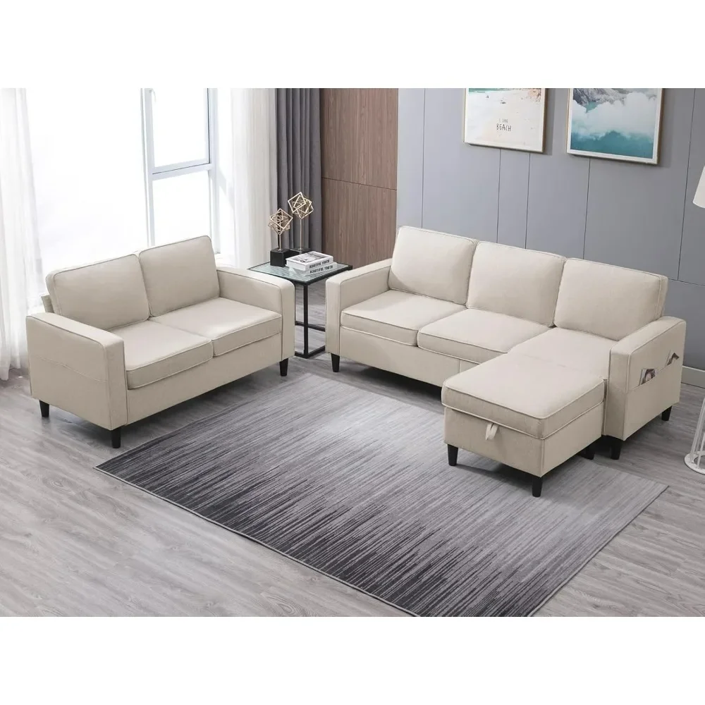 5 Seat Sectional Sofa Set w/Ottoman,3 Seat Couch & Loveseat Sofa with Side Pockets ,2PCS Couch Set Living Room Furniture Set