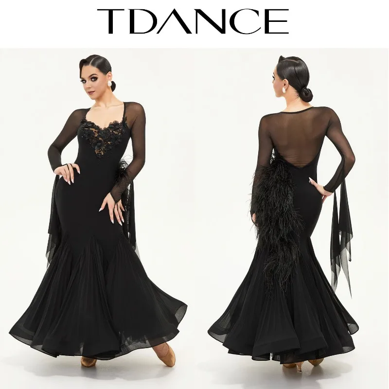 Customized TDANCE Balloom Modern Dance Wear Performance Dress Black High End Flower Clothes Big Swing Skirt Feather Pleated SM08