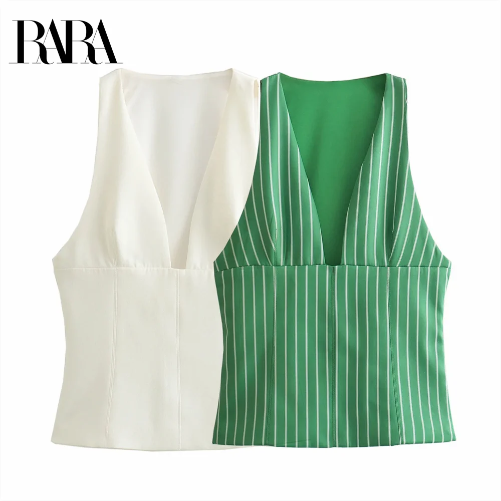 

2025 RARA Women's Sleeveless Tops with Deep V - neck in Solid White and Green Striped Patterns for a Stylish Look