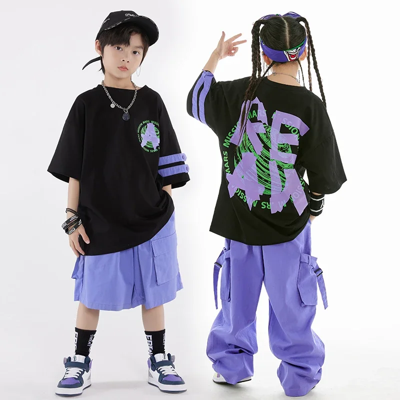 Salopette ample manteau violet pantalon vêtements de danse de rue garçons filles Jazz tambour spectacle scène vêtements enfants Hip Hop danse Costume