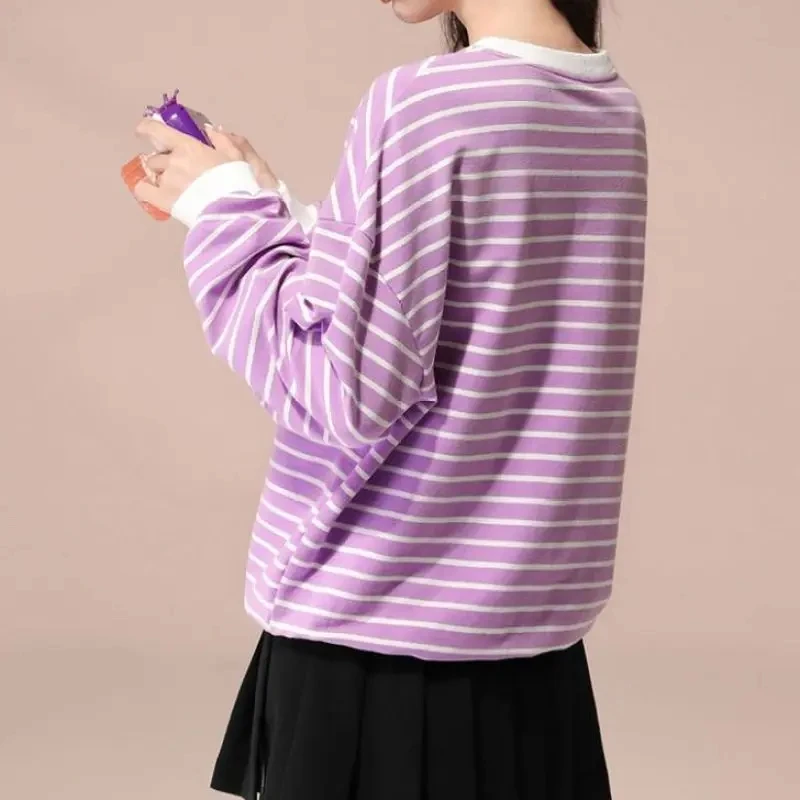 Preppy Style Striped Women\'s Clothing Pullover Lantern Long Sleeve Round Neck Spring Autumn T-shirt Loose Flattering Tops