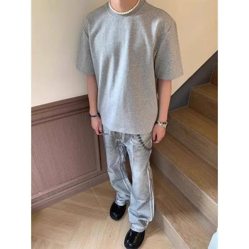 

Light ey Men's T-irt oulder Width Pure Cotton ort Sve Summer Faion CleanFit American High Street Sle Tee-Needle