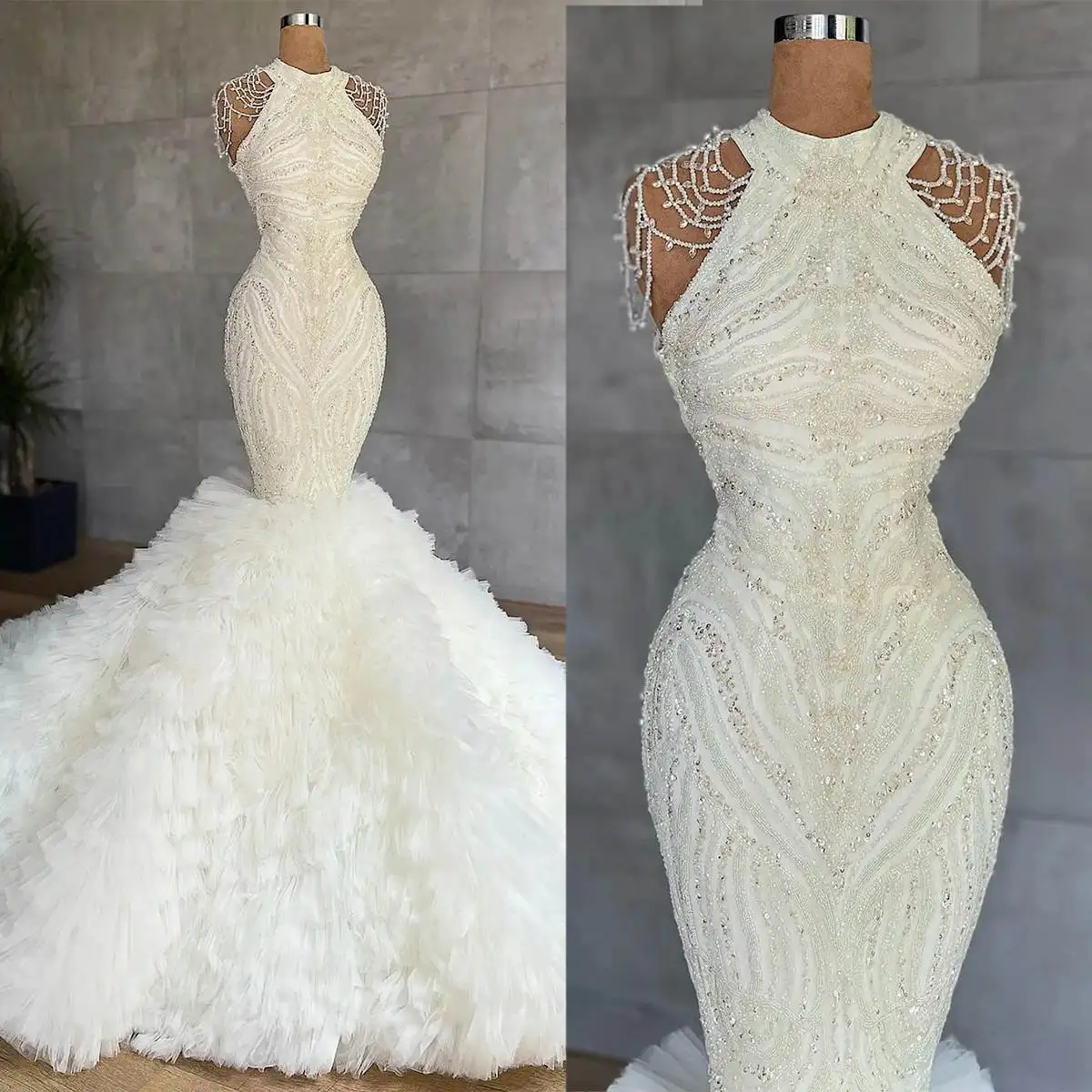 

Luxury Wedding Dress Pearls Beading Bridal Gowns Tassel Sequins Custom Made Tiered Train Bride Backless Vestido de novia