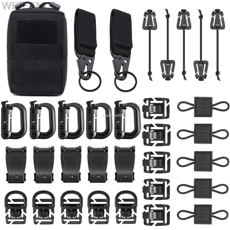 

Kit of 33 Molle Accessories Kit Attachment D-Ring Grimloc Locking Gear Clip Webbing Strap Keychain Backpack Web Elastic String