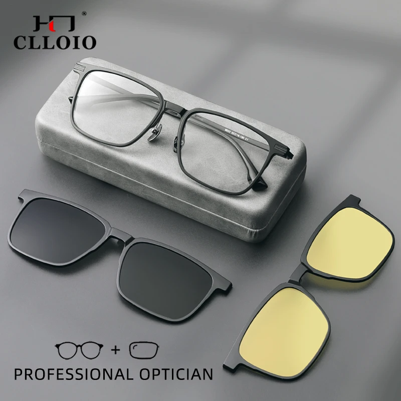 

CLLOIO 3 In 1 Men Polarized Optical Magnetic Sunglasses Magnet Clip on Prescription Glasses Anti Blue Ray Myopia Reading Glasses