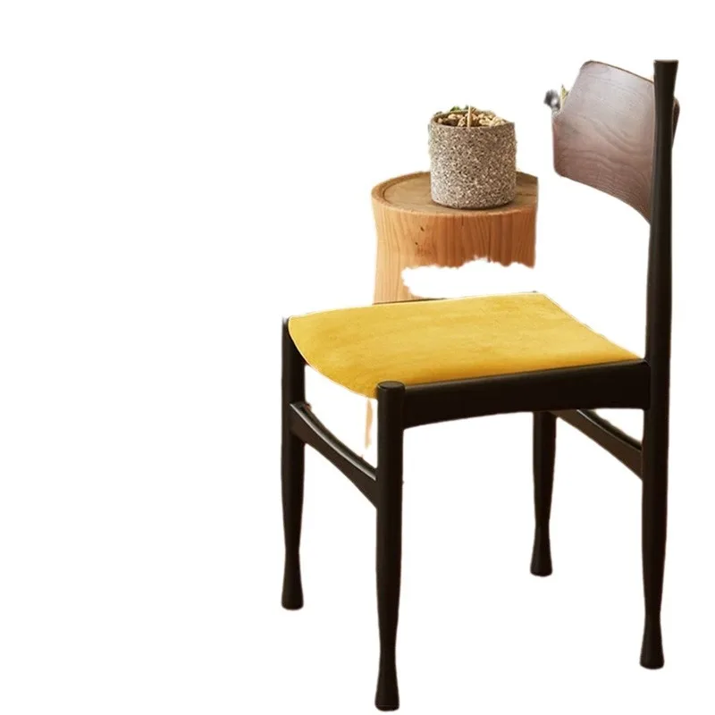 

Medieval dining chair home designer lamb wool solid wood backrest leisure chair wabi sandy wind retro simple restaurant chair