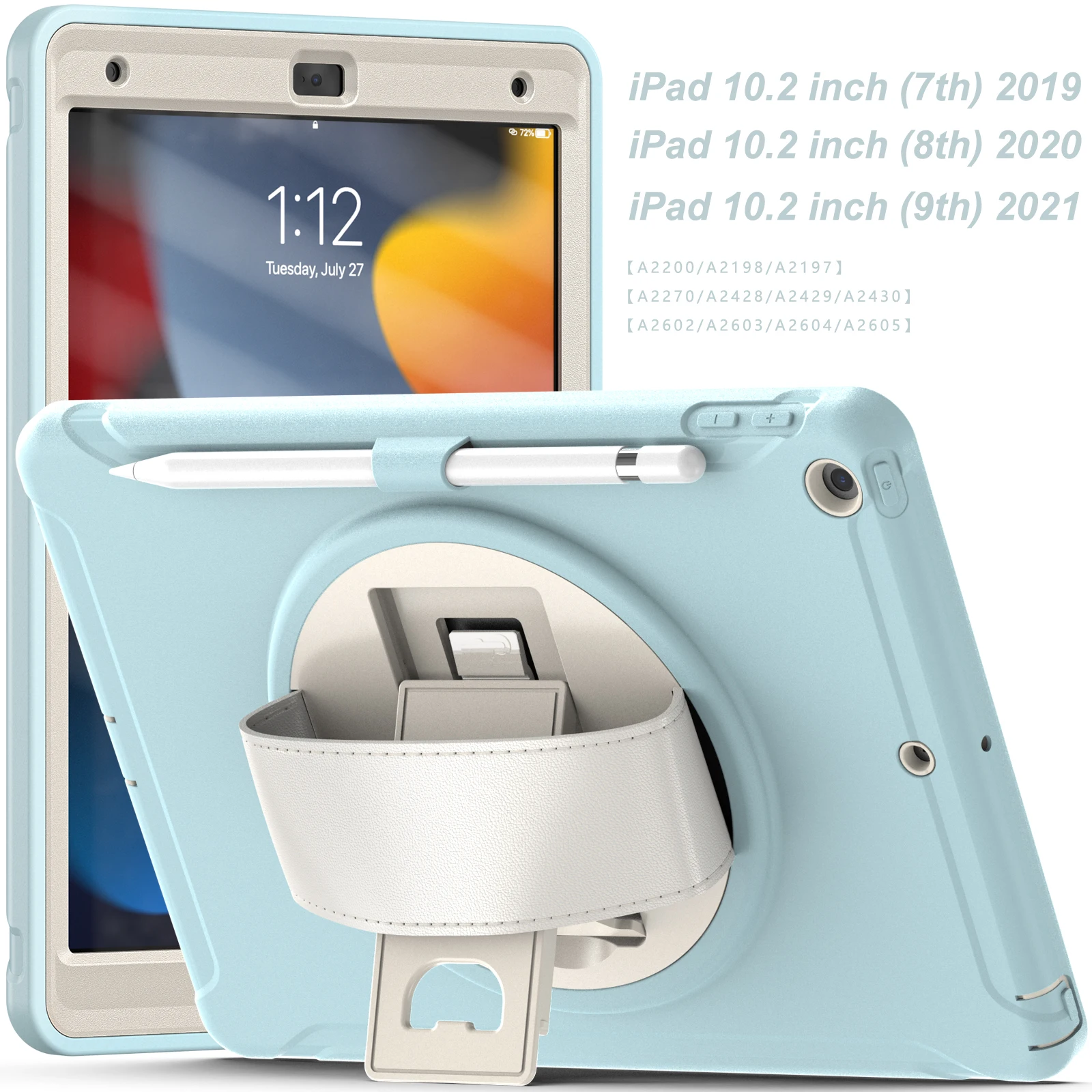 

Универсальный чехол-подставка для iPad 10,2 2019 2020 2021 7-го, 8-го 9-го поколения, вращающийся на 360 градусов чехол из ПК-ТПУ с держателем для ручек, 3-слойная защита