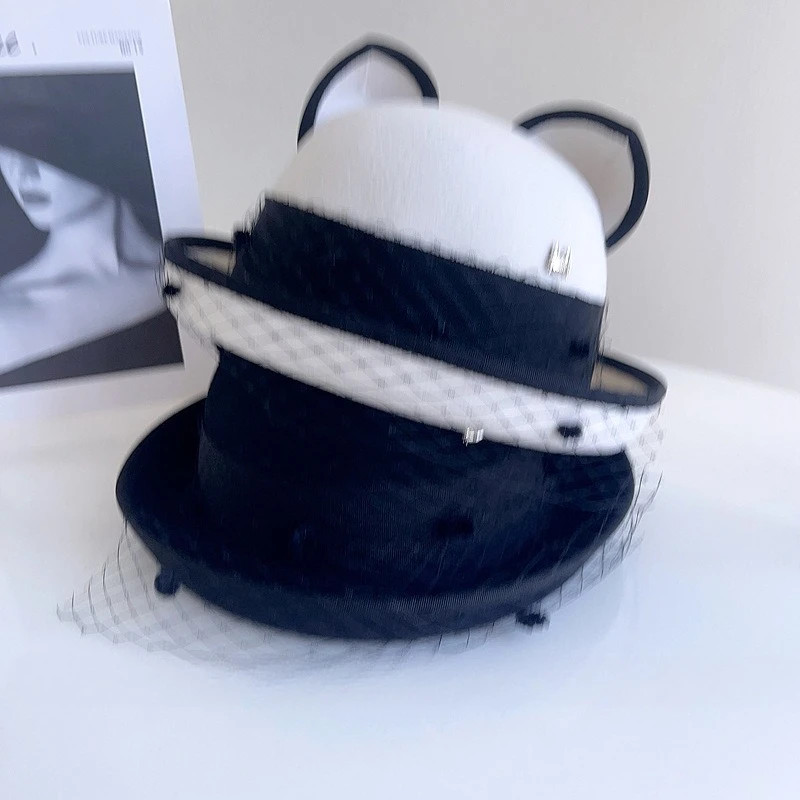 آذان قطة لطيفة براقة مع حواف مزركشة قبعة قماش شبكية من الصوف الأسترالي قبعة دلو عتيقة نمط فريد قبعة صياد عصرية #4