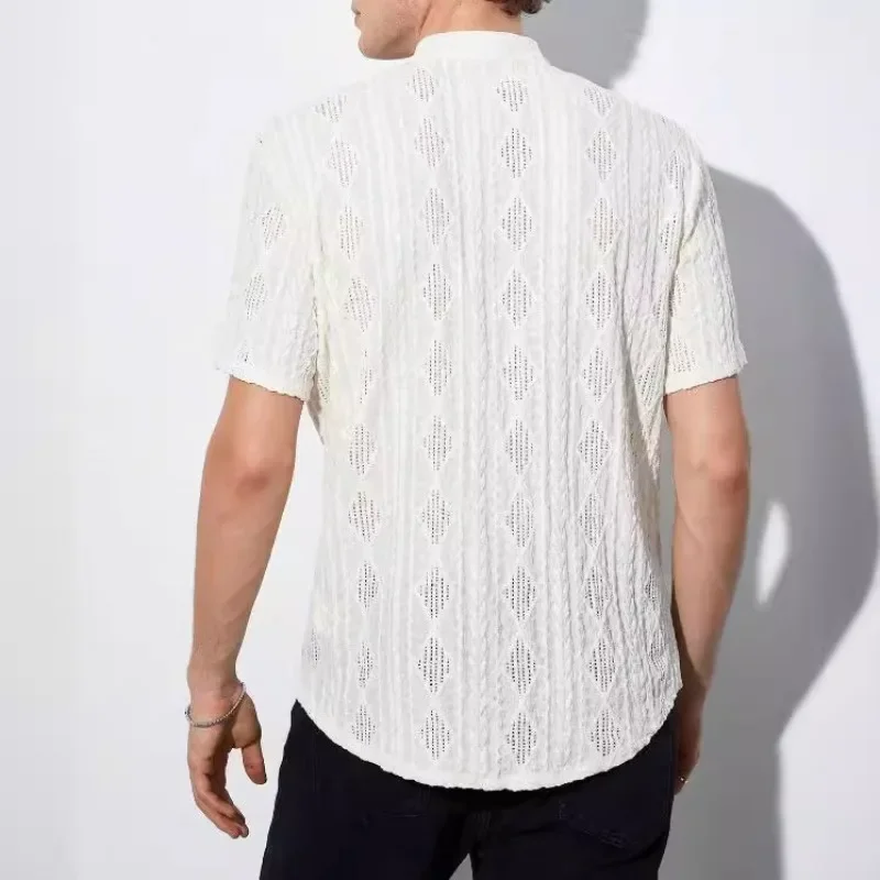 Men's Shirt Lace Short-sleeved Loose-cut Knitted Casual Shirt Male Tops