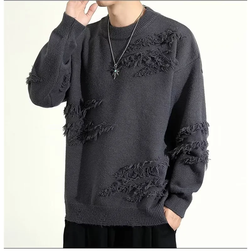 

Loose Fit Men's Knitted Sweater round Ne Tassel Autumn Winter Casual Vintage Sle Polyester Fiber Long Sve Baseball Collar