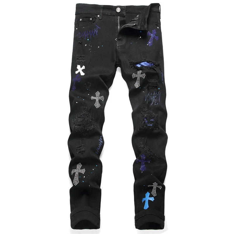 Diamond Cross Jeans piedi da uomo in pelle perforata giuntura riflettente lucido indossato ricamo pantaloni fodera in seta High Street Luxury 2