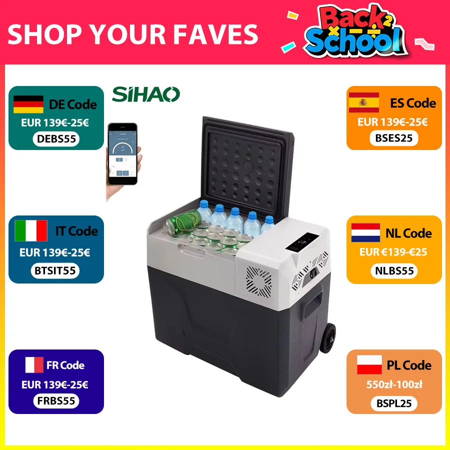 SIHAO 30/40/50L Frigo per auto portatile - Dispositivo di raffreddamento del compressore a doppia zona 12/24V per camion/camper/barca Campeggio all'aperto e casa, congelatore DC/AC