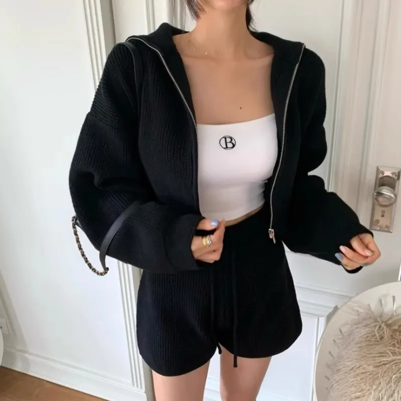 Navy Collar Zipper Loose Knit Women\'s Short Coat Two-piece Set + Drawstring Shorts Autumn New Suit Niche Fashion Casual Clothing