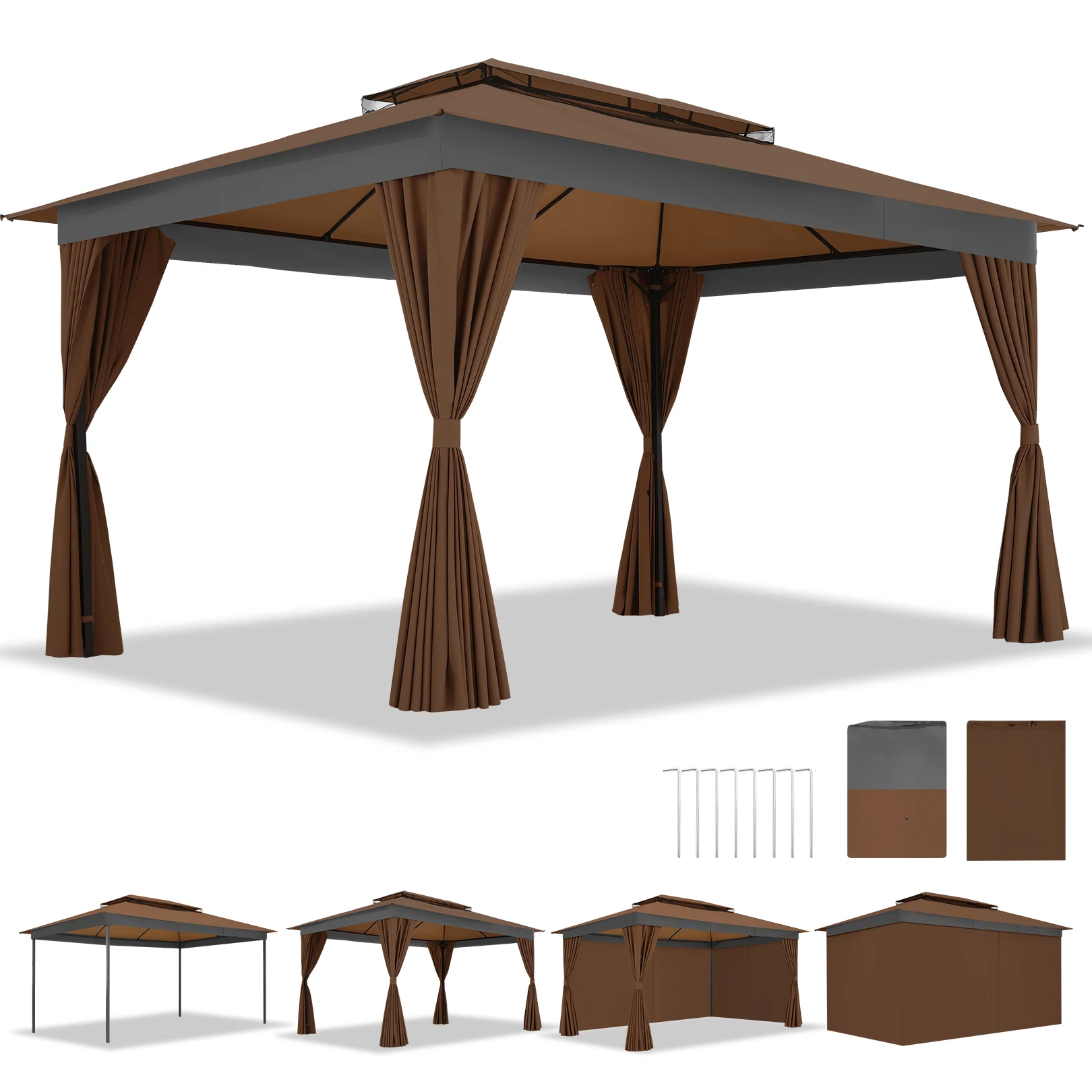 10x15FT Outdoor Gazebo Canopy Tent with Mosquito Netting, Heavy Duty Steel Frame Waterproof Patio Pergola, Double Roof Windproof All Weather Sun Shade Shelter for Backyard, Garden, Deck & Lawn