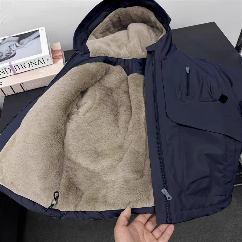 129  Kids Plush Hooded Coats Boys Winter Thick Warm Casual Comfortable Jacket Children Outdoor Versatile Thermal Outerwear 5-14Y