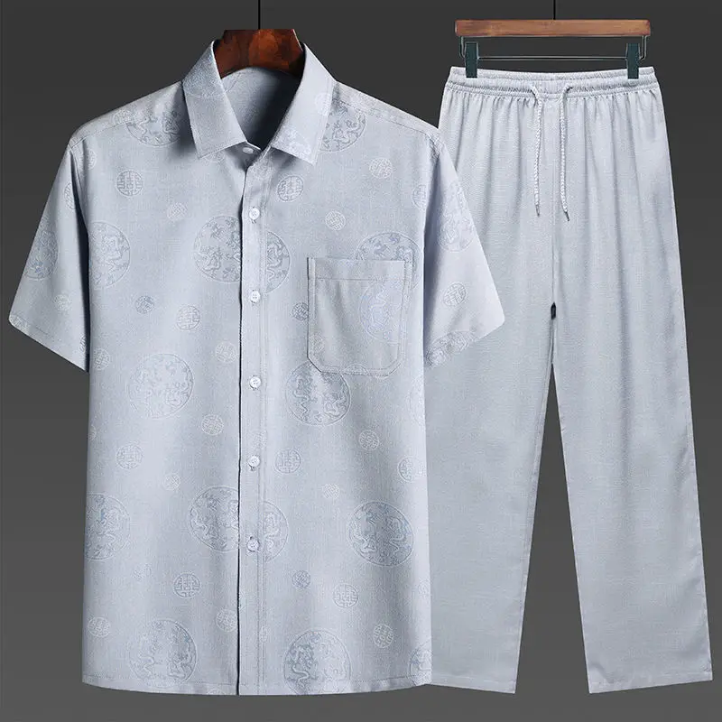 Print Leaves Male Short Sleeve Tang Suit Vintage Man Cotton Hanfu Clothing With Pocket Casual 2PCS Shirt&Pants Kong Fu Set