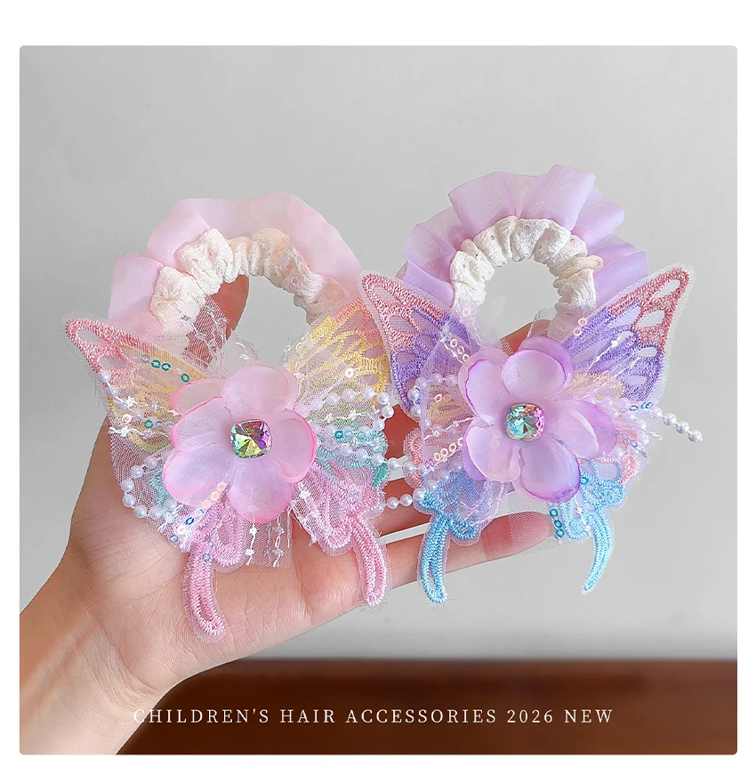 Neue Niedliche Schmetterling-Stoff-Scrunchies für Frauen und Mädchen 2026 Modische Feenprinzessin-Stil Hochelastische Haargummis Pferdeschwanzhalter – Detail 7