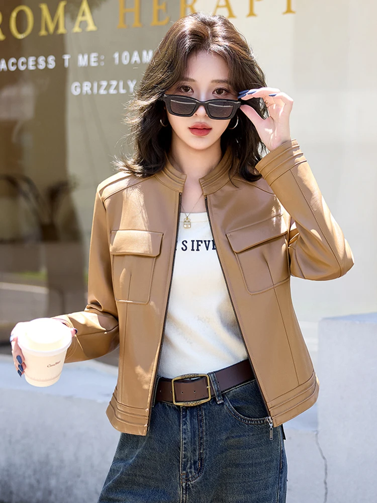 Manteau en cuir effet amincissant pour femme, taille S, nouvelle collection printemps-automne, en peau de mouton, version coréenne, coupe ajustée