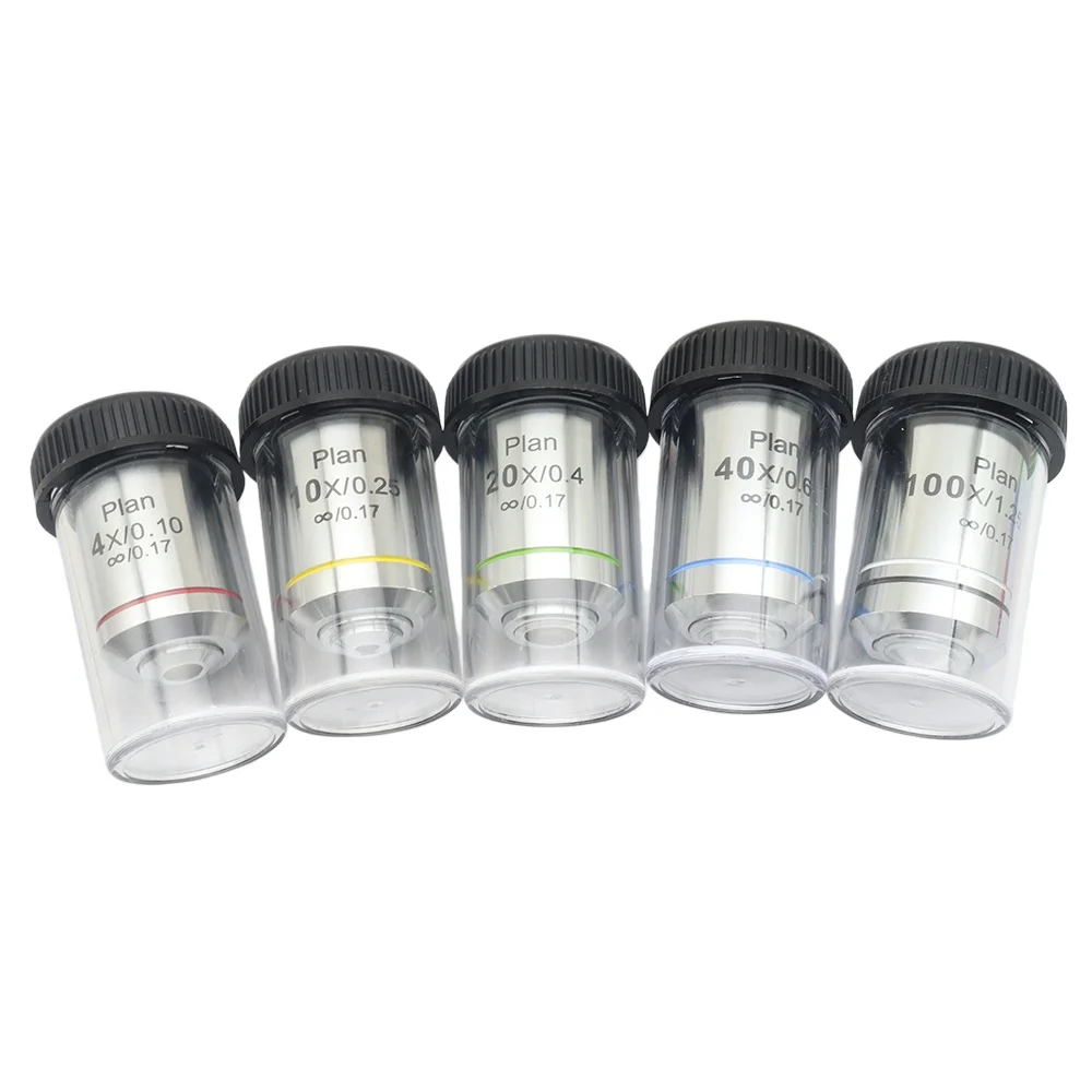 Objectif de microscope achromatique à correction à l'infini économique avec filetage RMS et champ plat, options 4X, 10X, 20X, 40X, 100X