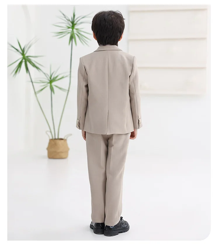1-11Years Children's 5Pieces Khaki Formal Suit Set With Blazer Vest Pants Bowtie Brooch Boys Wedding Birthday Party Costume