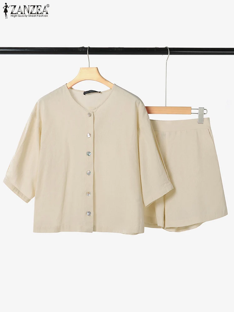 

ZANZEA Summer 2PCS Outfits Short Sleeve Blouse Short Sets Women Solid Matching Sets Elegant Work OL Tracksuit Casual Cotton Suit