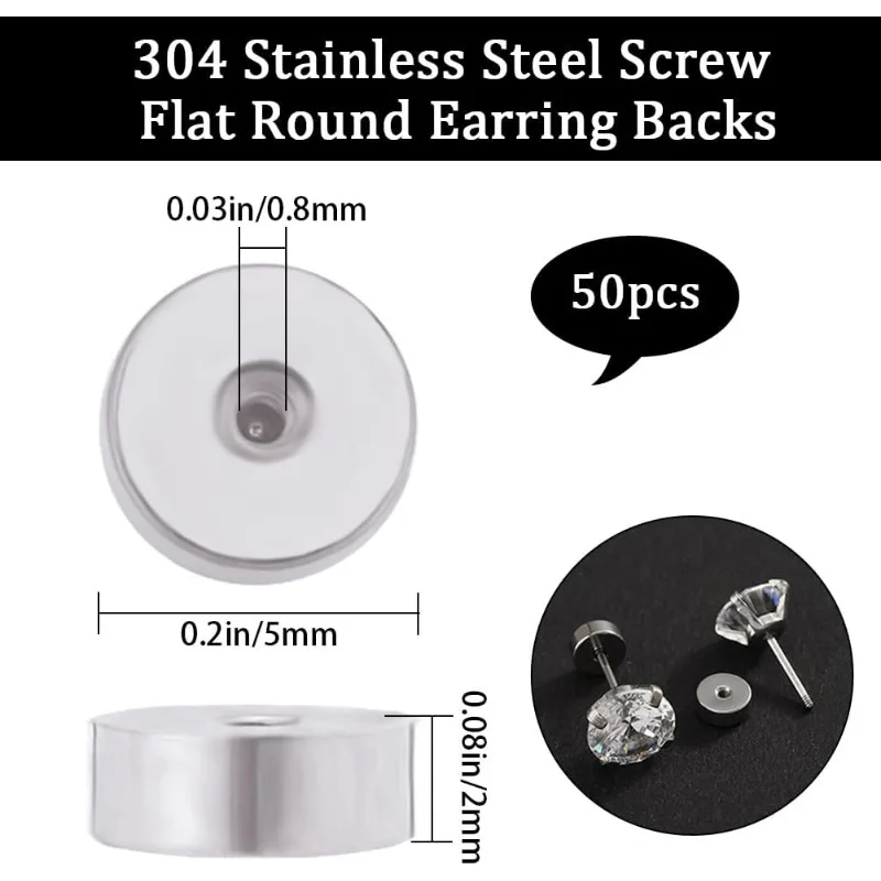 50Pcs Screw Ball Backs Stainless Steel Geometry Flat Round Replacement Earring Backs for Jewelry Earring Making Supplies