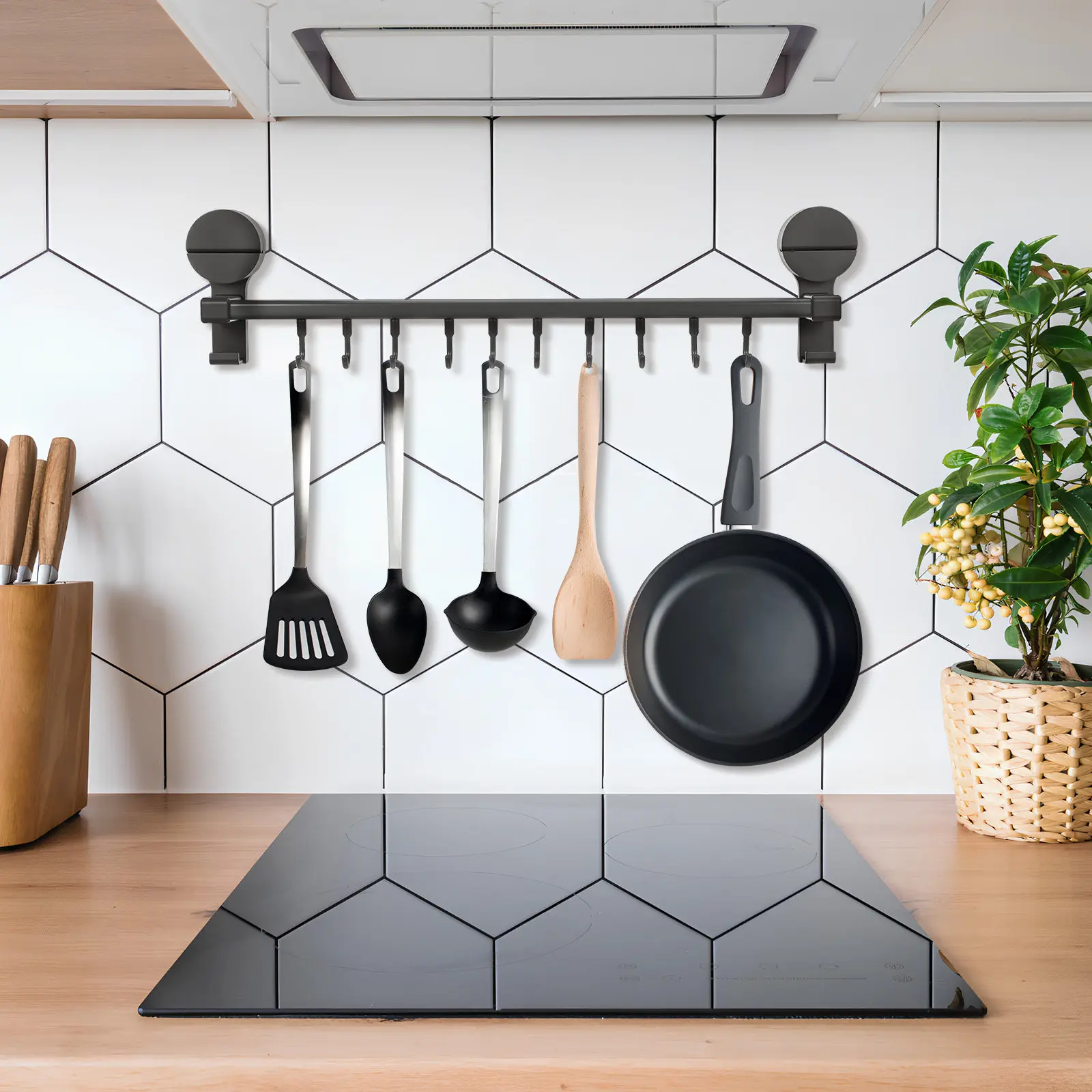 Hanging Kitchen Rail Utensil Holder 10 Hooks Wall Mounted Rack Suction Cup Sliding Organizer Towel Spoon Tool Mug Holder