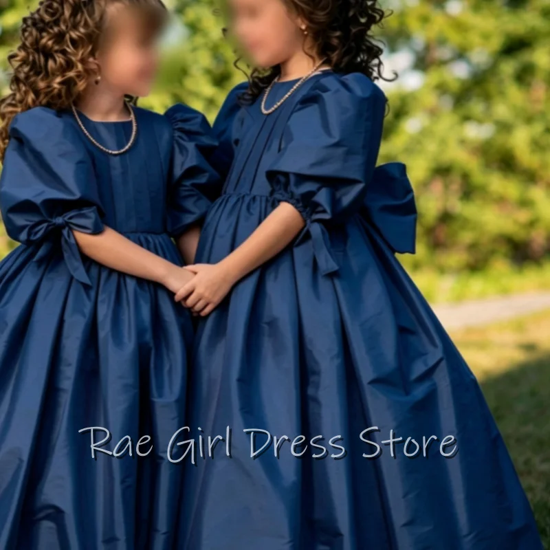 Satin Flower Girl Dress Puff Short Sleeve Wrist Bow Back Big Bow Floor Length A Line Wedding Bridesmaid Customized
