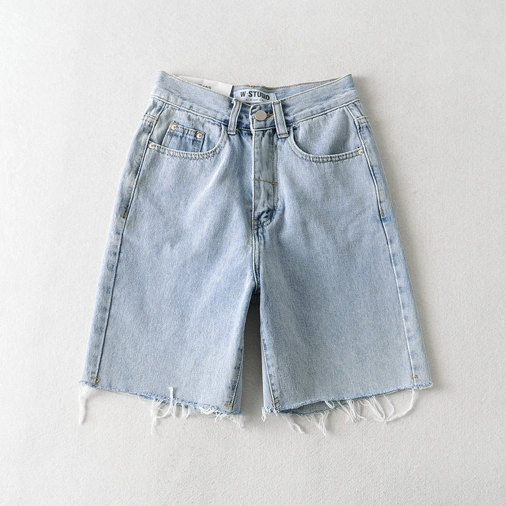 New Summer Solid Color Woman Shorts Simple Design High Waist Slim Fit Hole Ripped Five Points Pants Trendy Women's Shorts