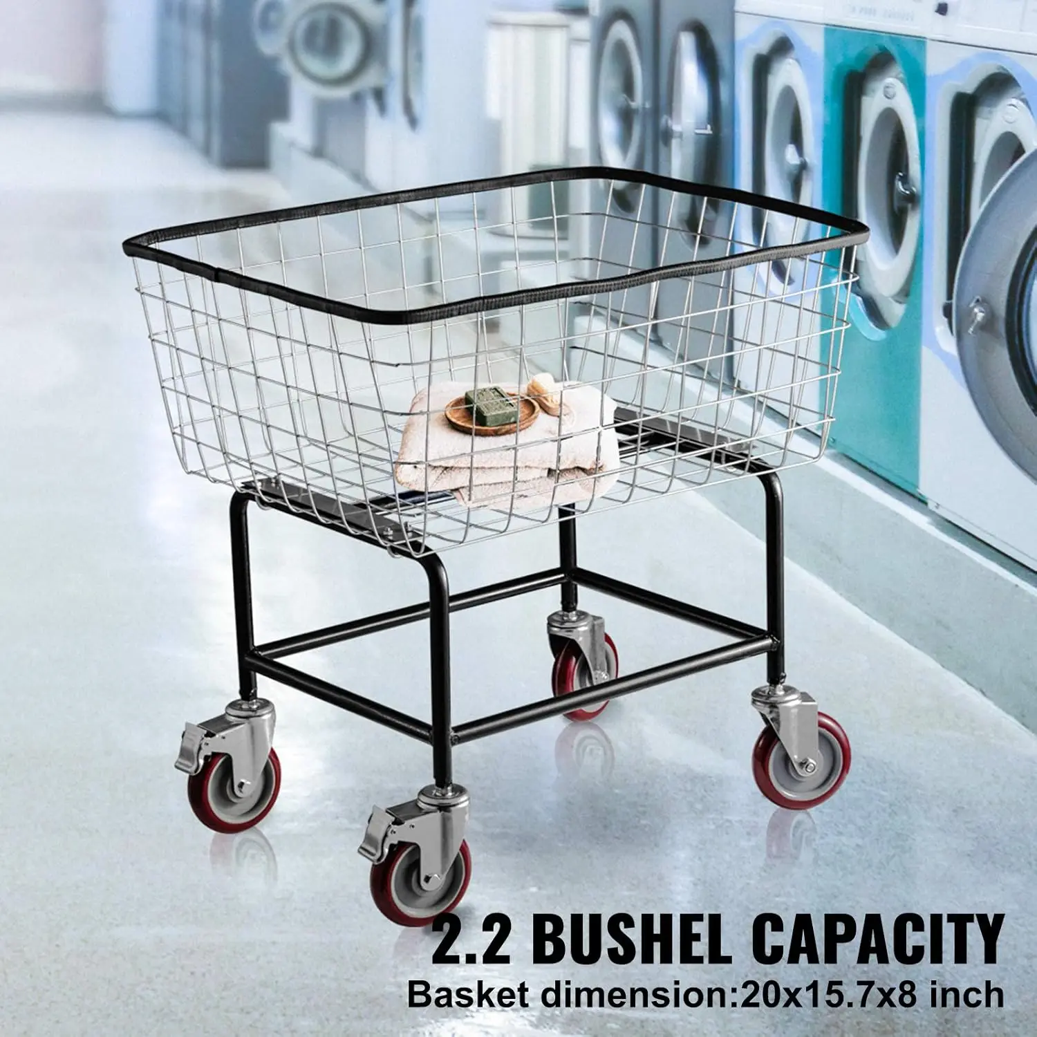 Wire Laundry Cart 2.2 Bushel, Wire Laundry Basket With Wheels 20''x15.7''x26'', Commercial Wire Laundry Basket Cart