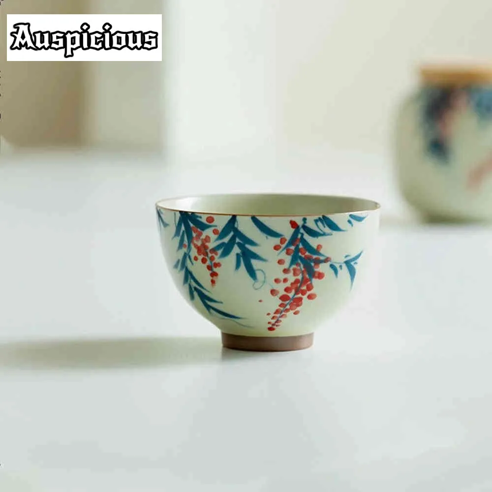 

100ml Retro Wheat Straw Yellow Ru Kiln Teacup Pure Hand Painted Wisteria Flower Meditation Cup Master Tea Bowl Jianzhan Teaware