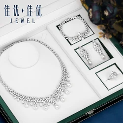 Trendy Drop Shape Imitation Pearl Choker Elegant Cubic Zirconia Necklace 4PCS High Quality Dubai Women Bride Wedding Jewelry