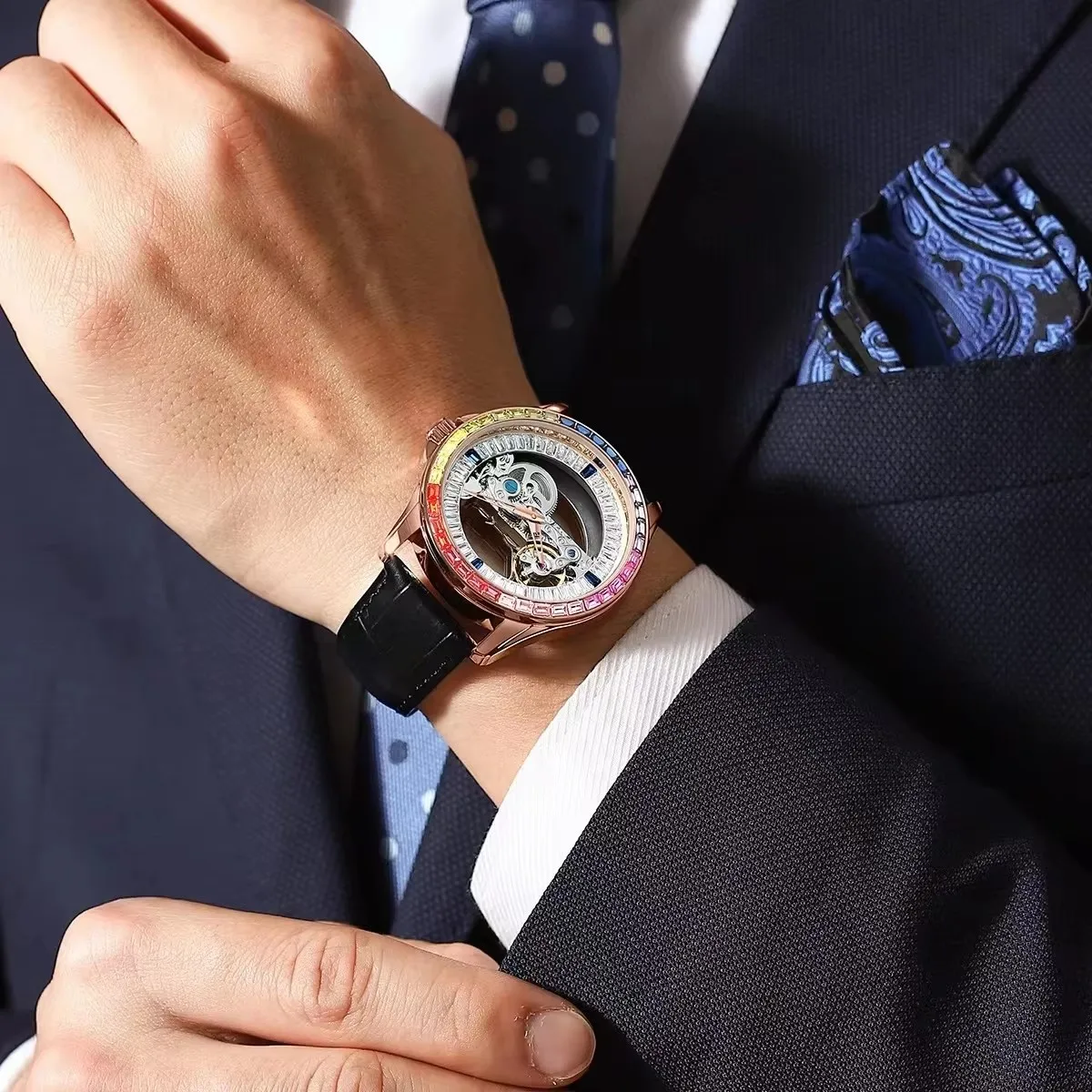 

Мужские автоматические механические часы AILANG с двойным скелетонизированным циферблатом, люксовые деловые светящиеся наручные часы для мужчин