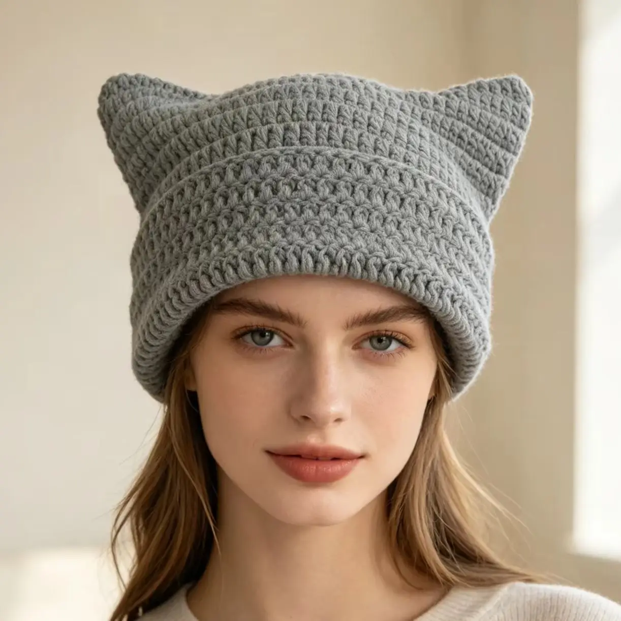 Women Cat Ear Knitted Beanie Hat Unisex Handmade Crochet Hollowed Fold Cuff  Solid Skull Cap Winter Warm Gothic Toque Hat
