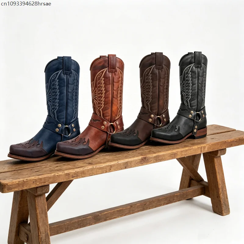 Embroidered Men's Cowboy Cosplay Boots with Side Zippers Warm Low-Heeled Shoes Vintage Square Toe Riding Footwear New