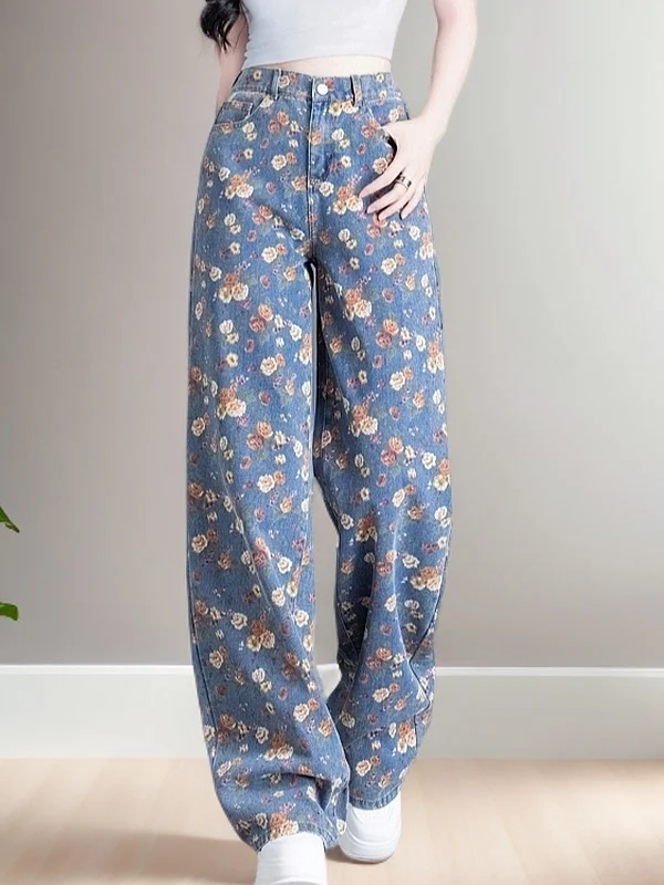 

Джинсы с высокой талией и широкими штанинами с цветочным принтом, повседневные, премиум-класса, прямого кроя, для женщин, весенний сезон