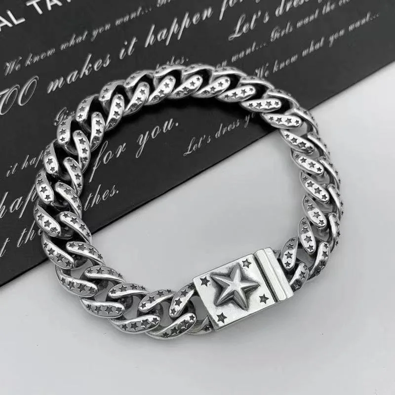 Chunky extra-wide star cross Cuban link bracelet for men featuring a bold rock-inspired vintage and distressed design