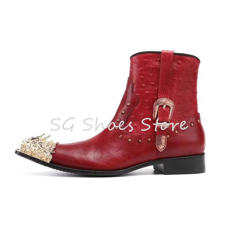 Punk Rivet Belt Buckle Ankle Short Boots Male Party Dress Leather Shoes Fashion Design Metal Lion Head Men's Chelsea Boots view 3